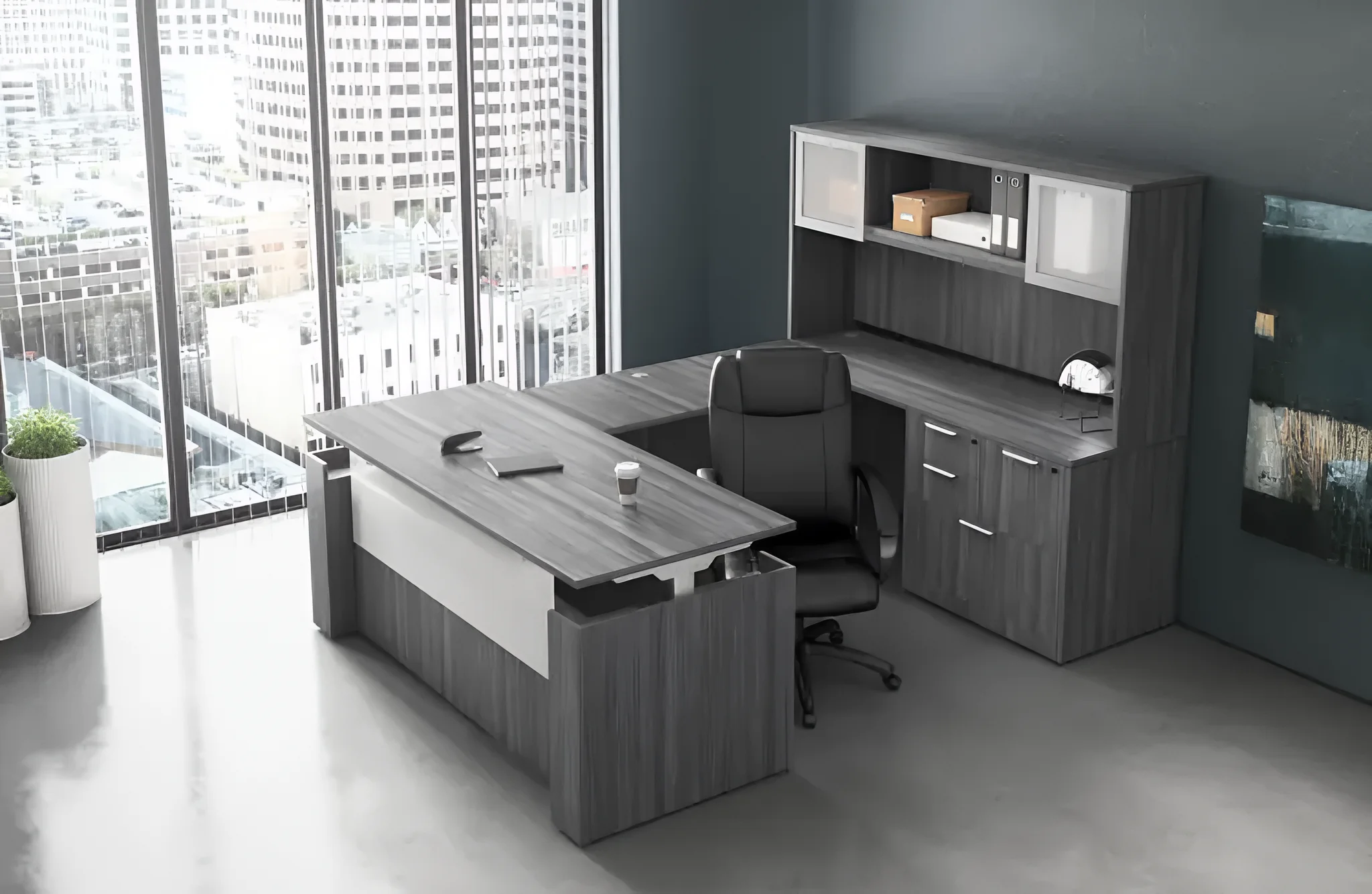 U Shaped Standing Desk with Hutch by PBD Furniture in Coastal Gray