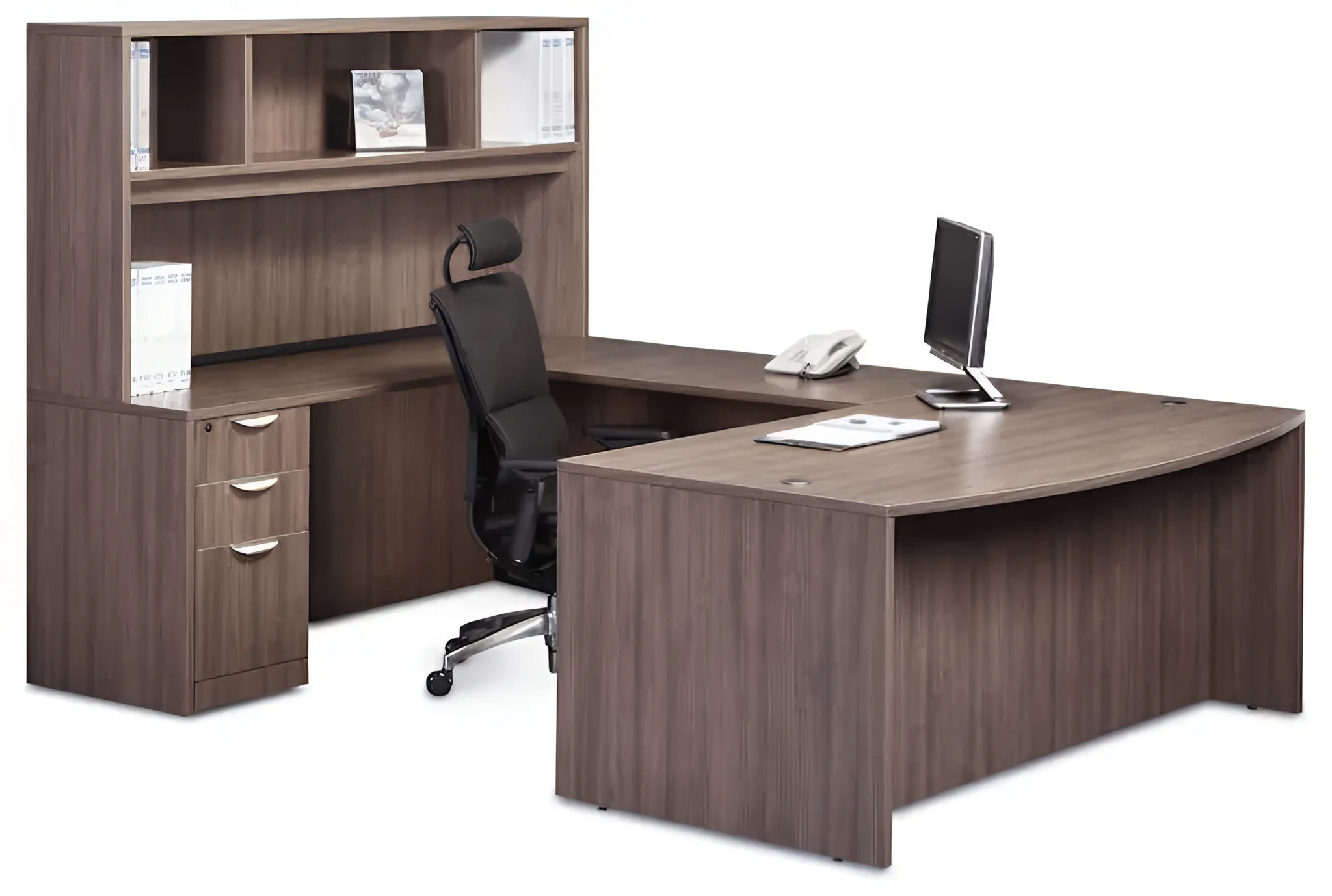 Bow-Front U-Desk 72in W x 112in D with 3 Drawer Pedestal and Open Hutch by PBD Furniture