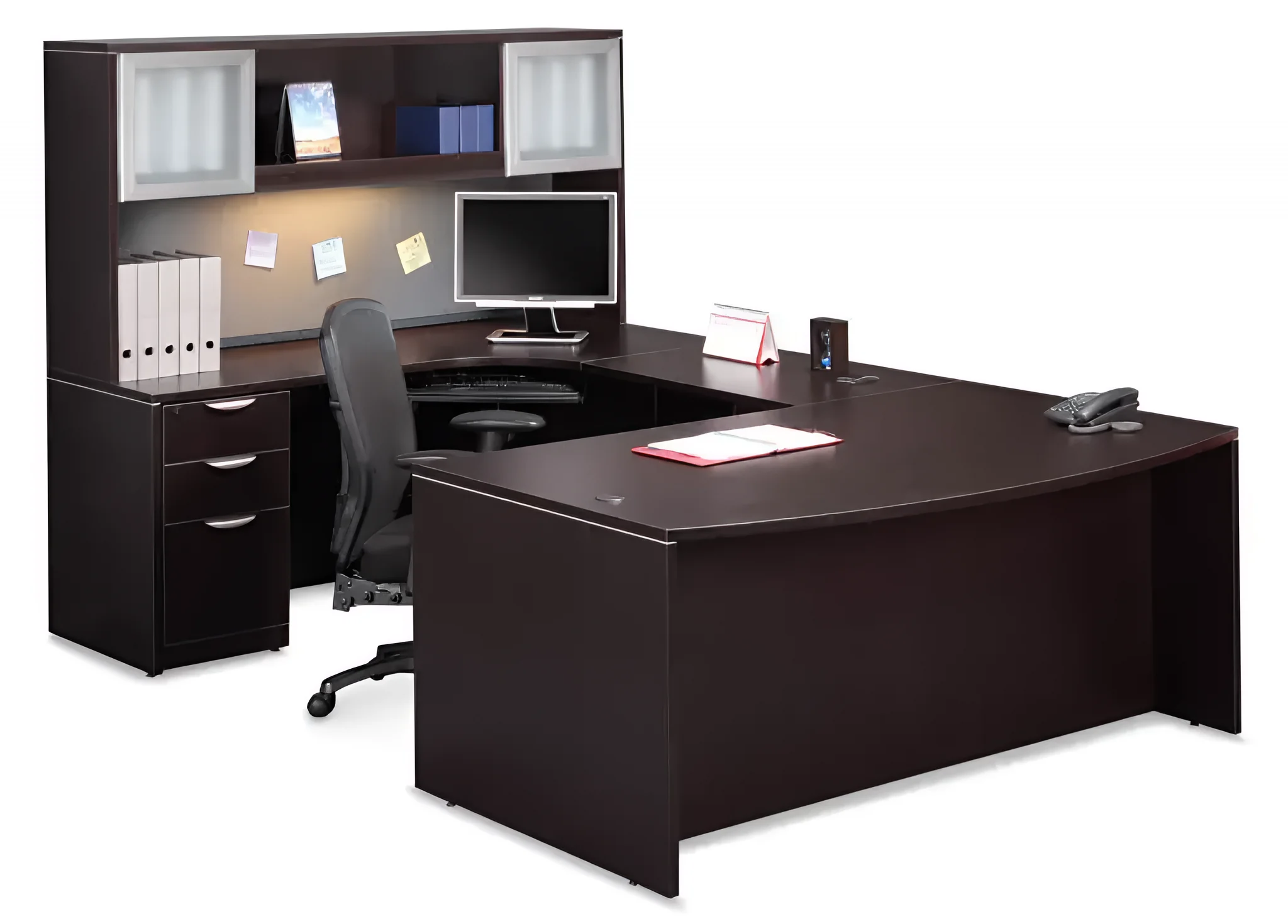 Bow-Front U-Desk 72in W x 112in D with Hutch and 3 Drawer Pedestal by PBD Furniture