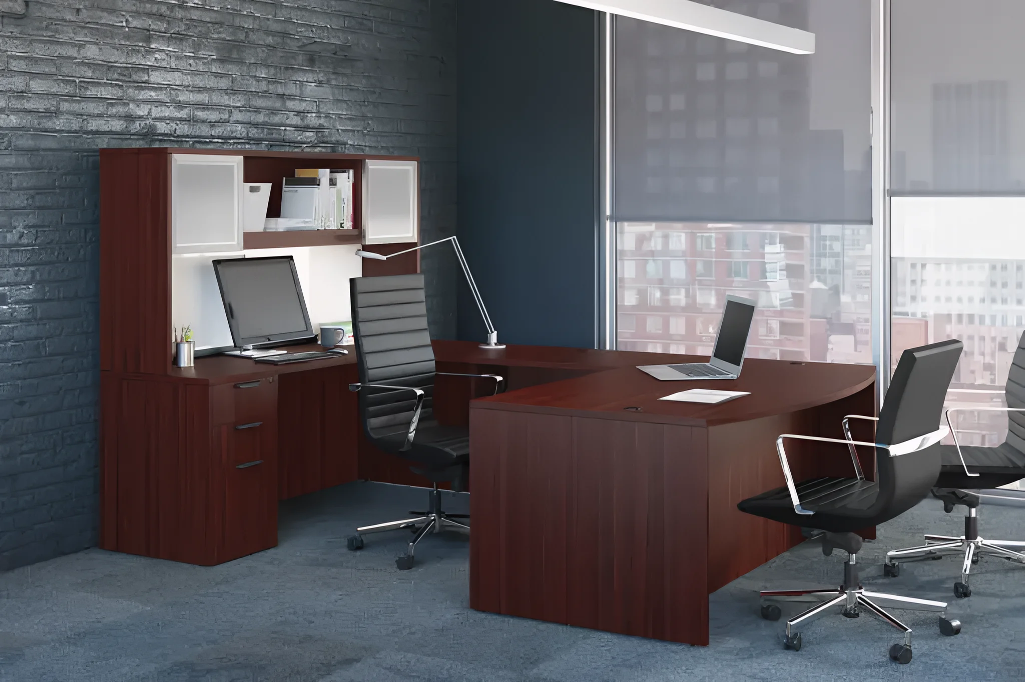 Bow-Front U-Desk 72in W x 112in D with 3 Drawer Pedestal and Hutch by PBD Furniture
