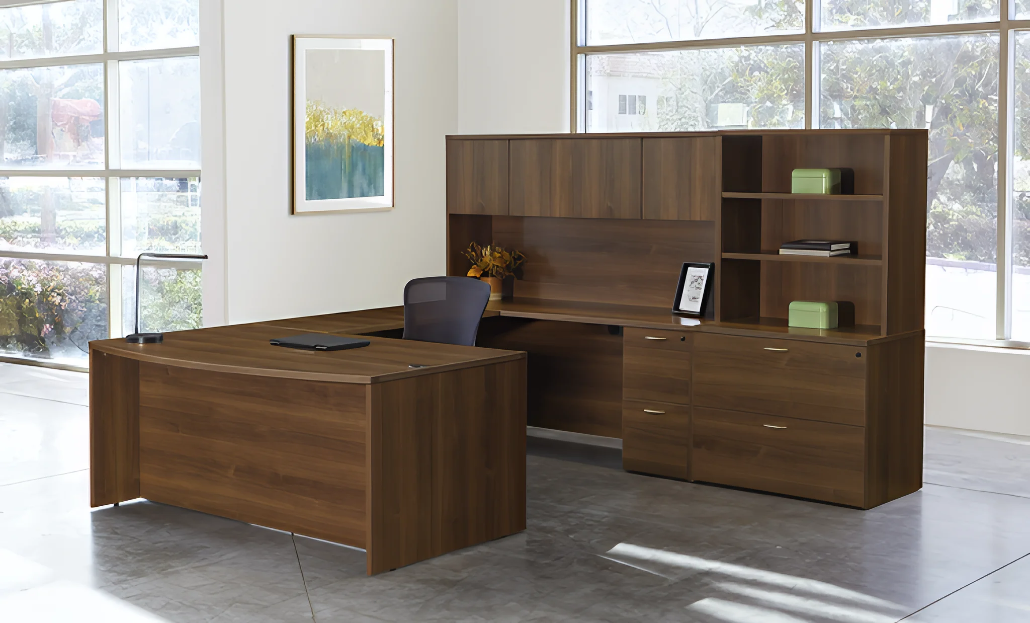 Bow-Front U-Desk 108in W x 113in D with 2 and 3 Drawer Pedestals and Hutch by WFB Designs