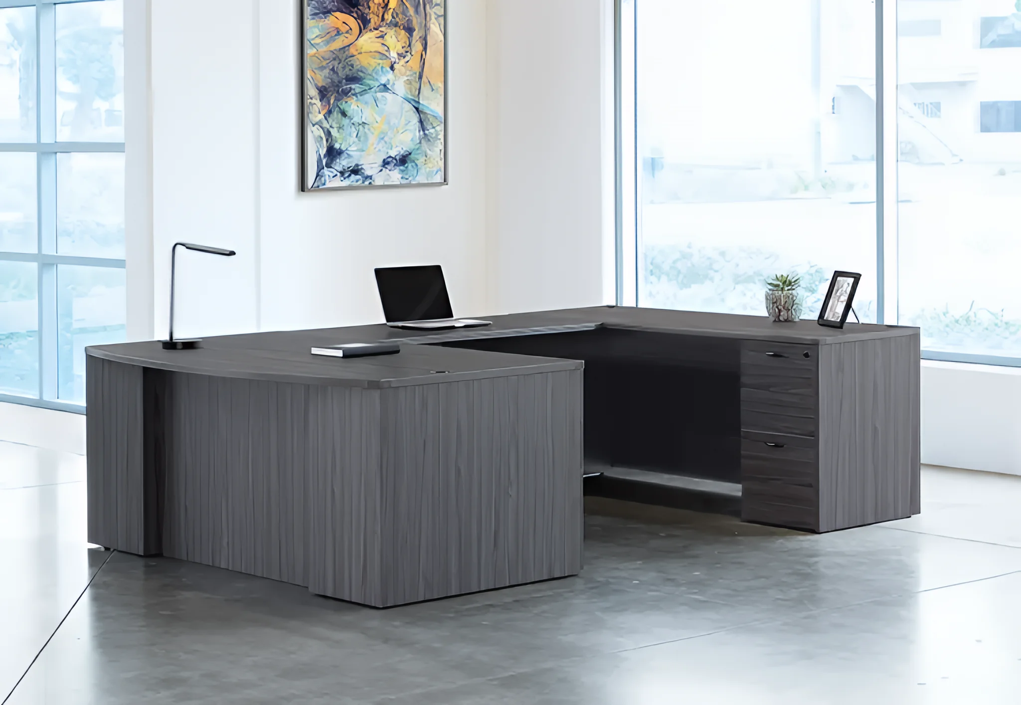 Bow-Front U-Desk 71in W x 112in D with 2 and 3 Drawer Pedestals by WFB Designs
