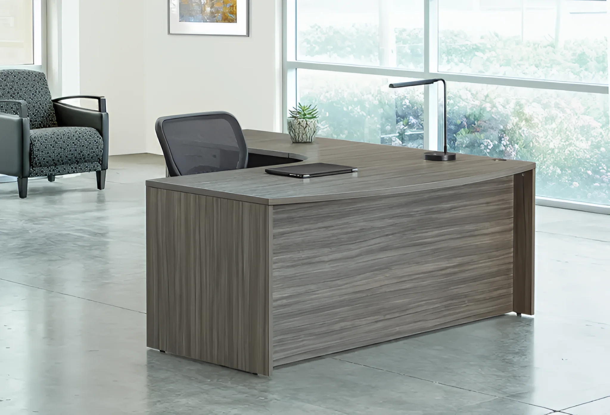 Bow-Front L-Desk 71in W x 83in D with 2 and 3 Drawer Pedestals by WFB Designs