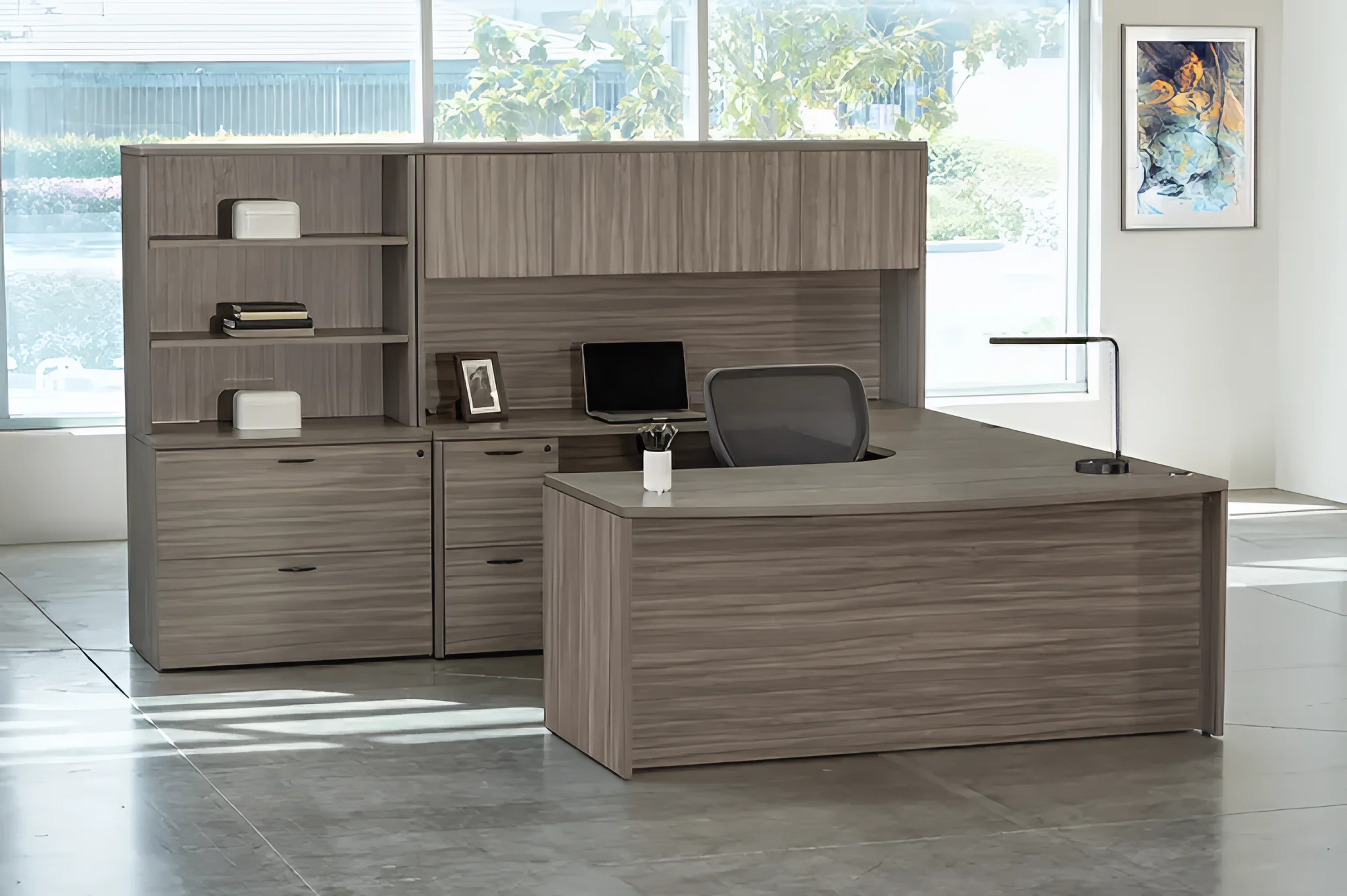 Double Pedestal Extended Corner Bow Front U-Desk with Hutch by WFB Designs in Urban Walnut