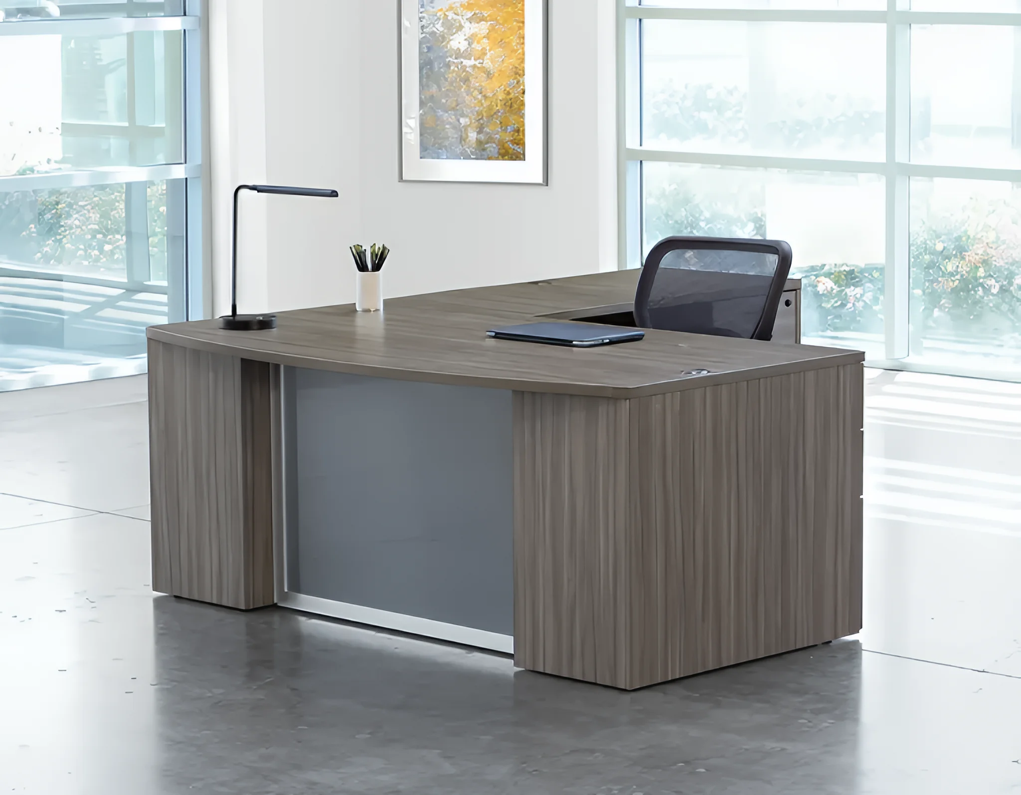 Bow-Front L-Desk Glass 71in W x 88in D with 2 and 3 Drawer Pedestals by WFB Designs