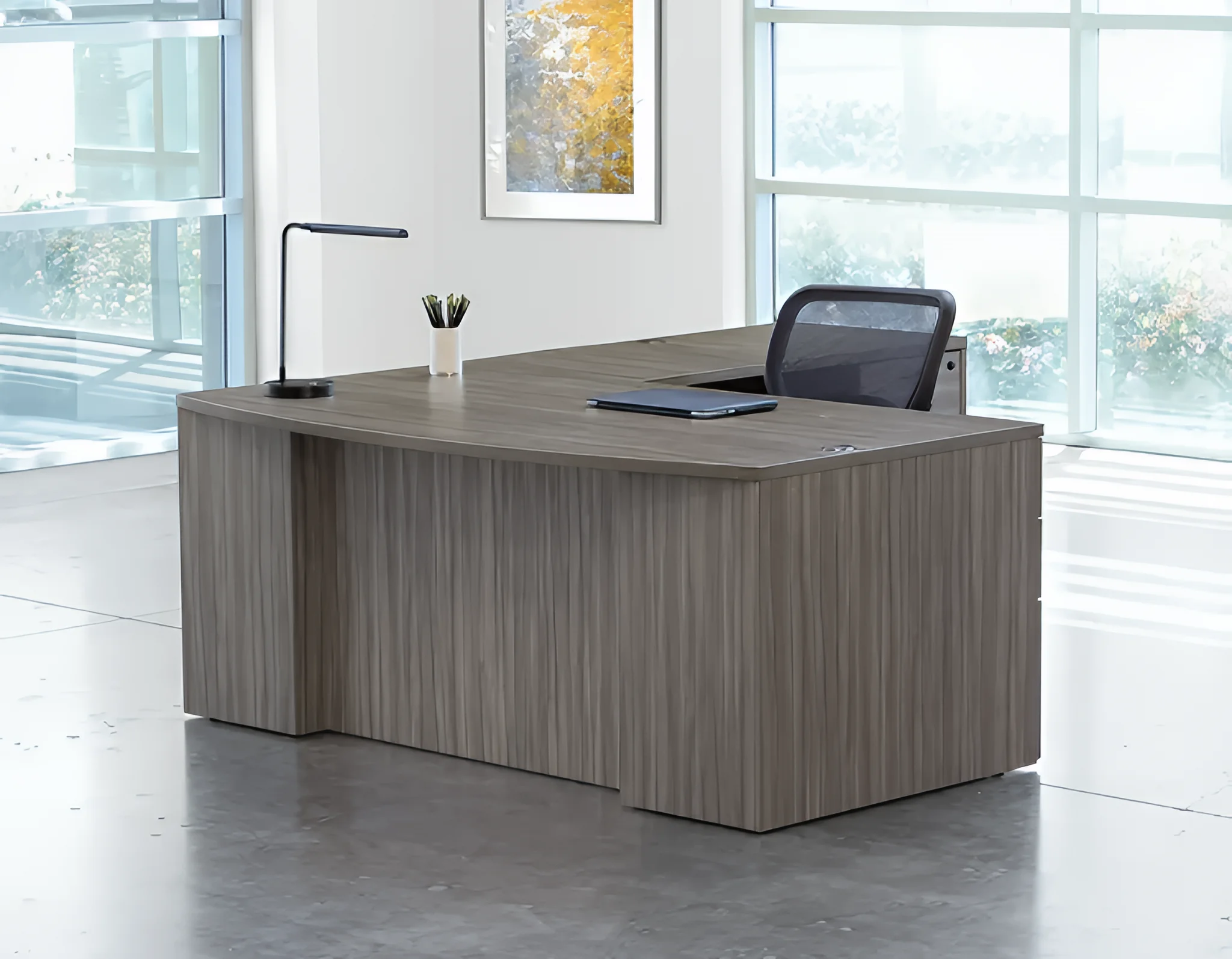 Bow-Front L-Desk 71in W x 88in D with 2 and 3 Drawer Pedestals by WFB Designs
