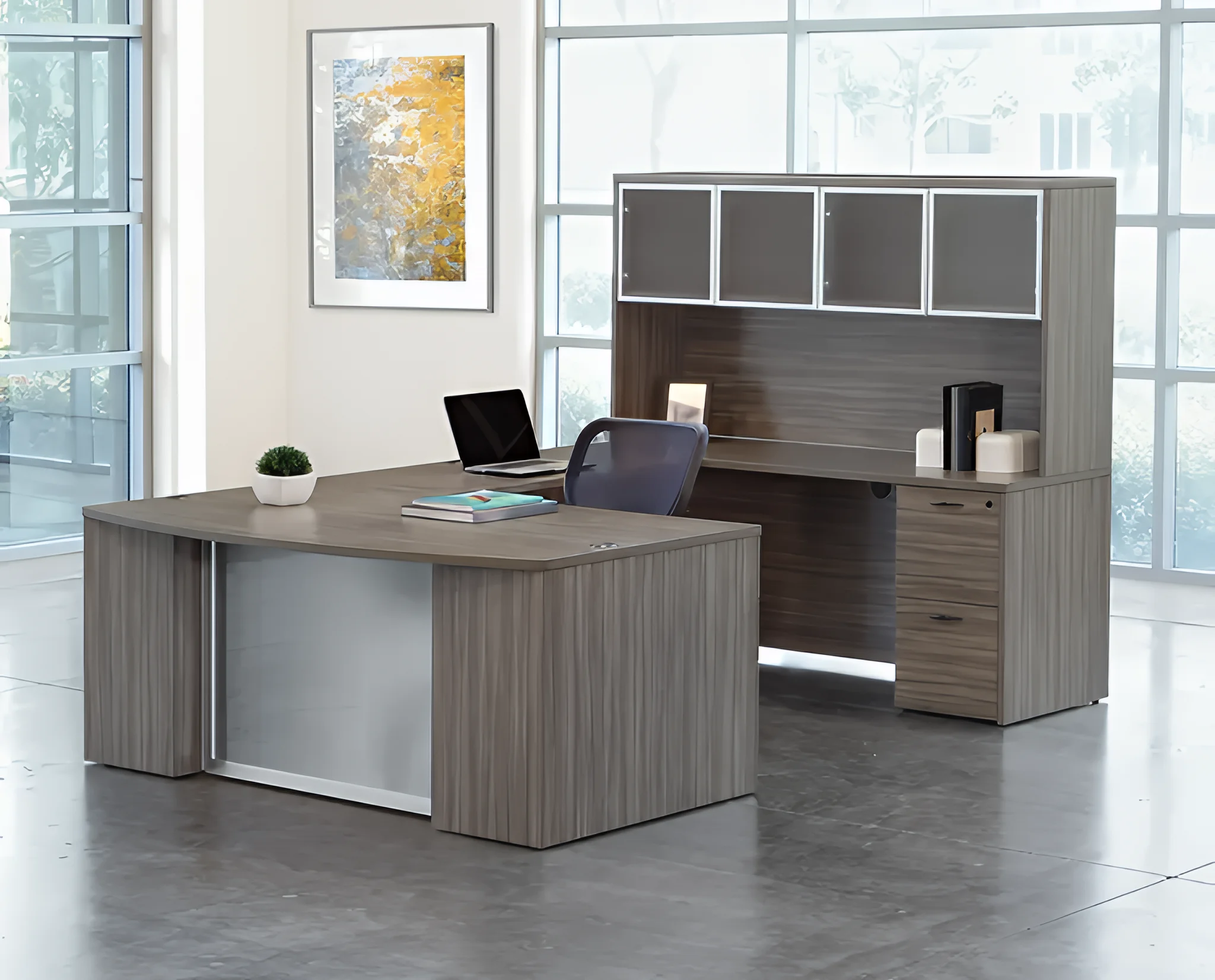 Bow-Front U-Desk 71in W x 112in D with Hutch and 2 and 3 Drawer Pedestals Glass Doors by WFB Designs