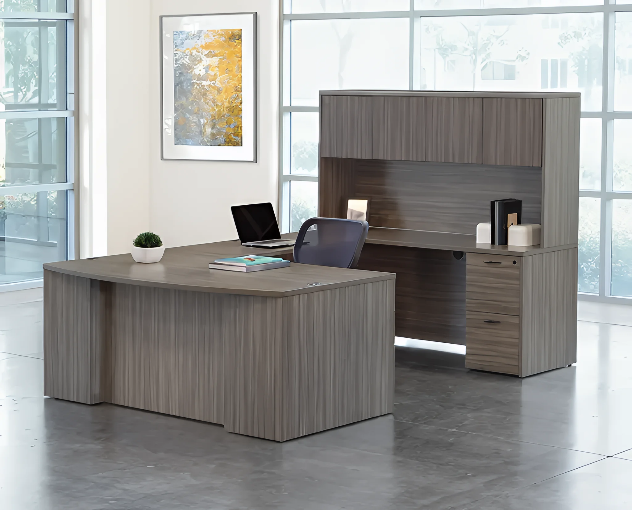 Bow-Front U-Desk 71in W x 112in D with Hutch and 2 and 3 Drawer Pedestals Wood Doors by WFB Designs