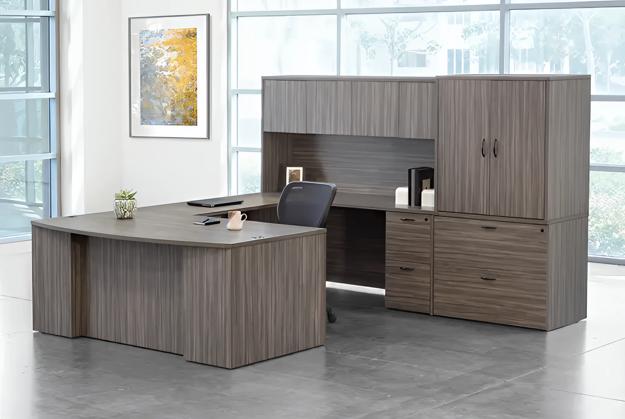 Bow-Front U-Desk 107in W x 112in D with Hutch and 2 and 3 Drawer Pedestals by WFB Designs