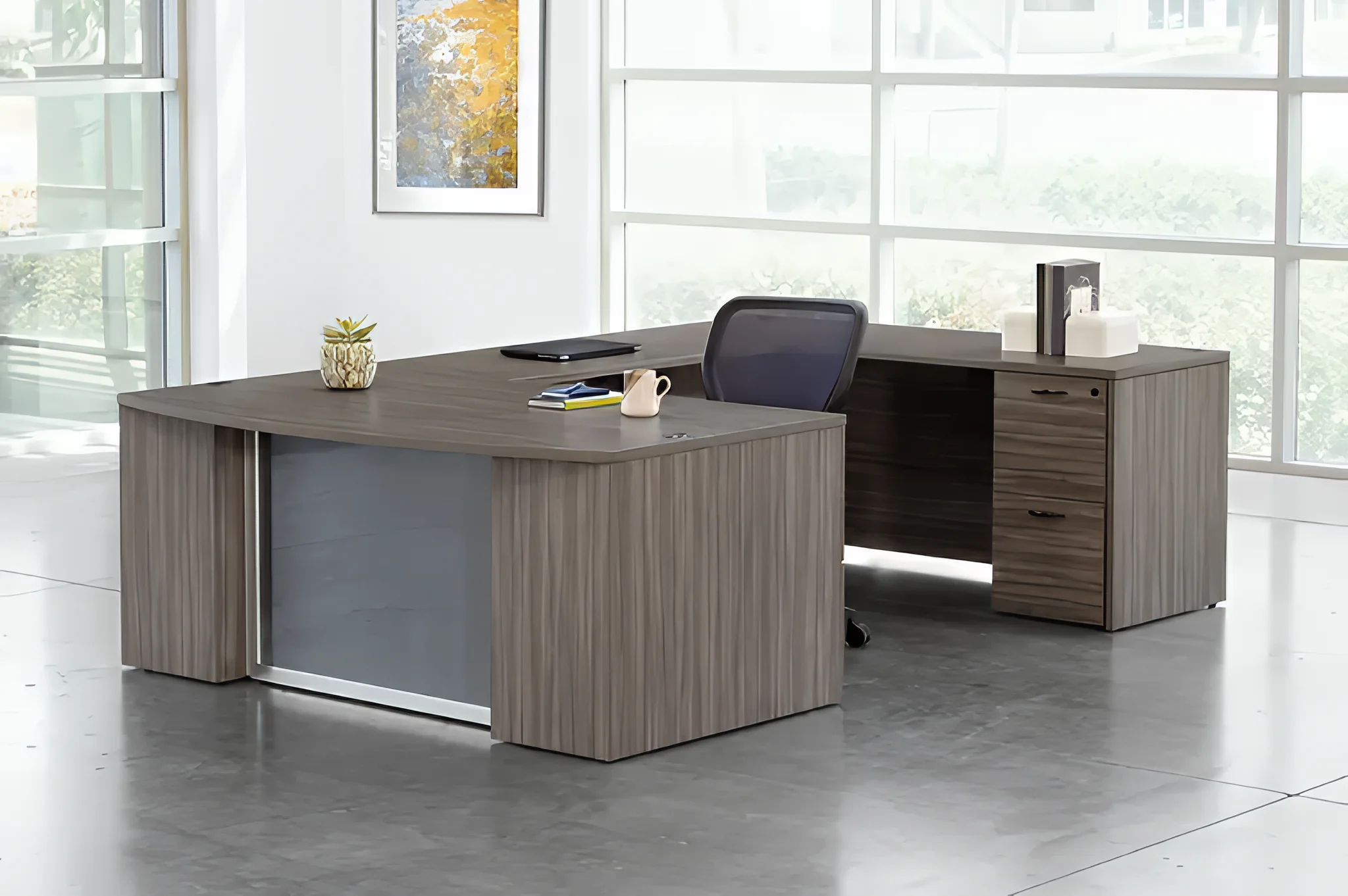 Bow-Front U-Desk 71in W x 112in D with 2 and 3 Drawer Pedestals and Glass Modesty Panel by WFB Designs