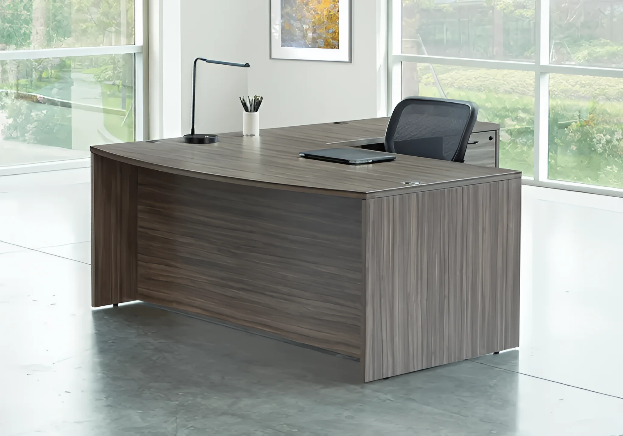 Bow-Front L-Desk 71in W x 89in D with 2 and 3 Drawer Pedestals by WFB Designs