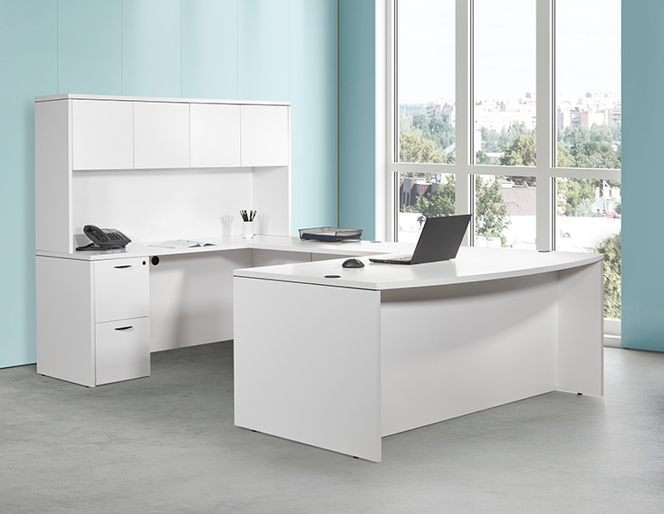 Double Pedestal Bow Front U-Desk with Wood Door Hutch by WFB Designs