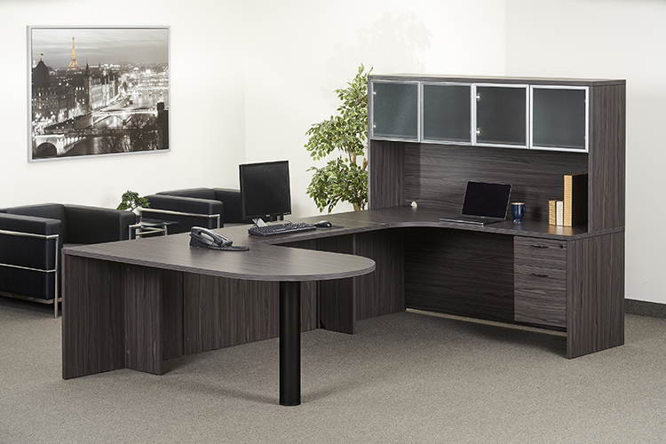 Bullet U-Desk with Curve Corner Credenza and Glass Hutch by WFB Designs