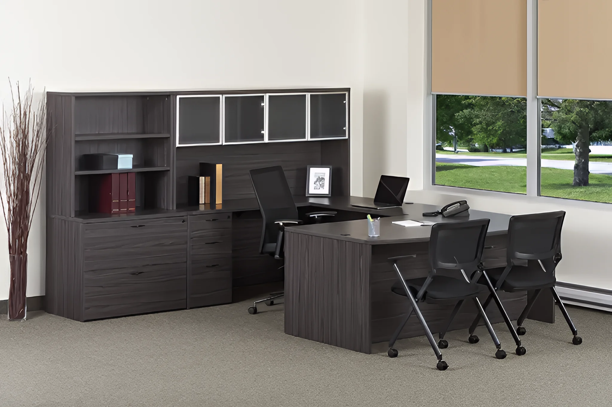 Bow-Front U-Desk 107in W x 113in D with 3 Drawer Pedestal and Hutch by WFB Designs