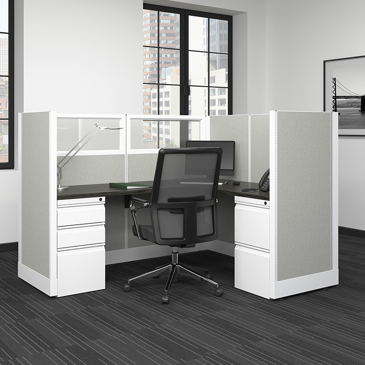 53in H L-Shape Cubicle with Glass and Fabric Panels - Powered by WFB Designs