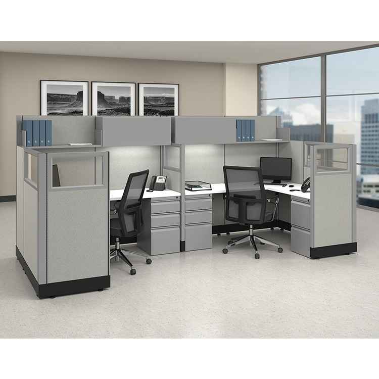 53in H 2-Person Cubicle with Glass and Fabric Panels and Overheads - Unpowered by WFB Designs