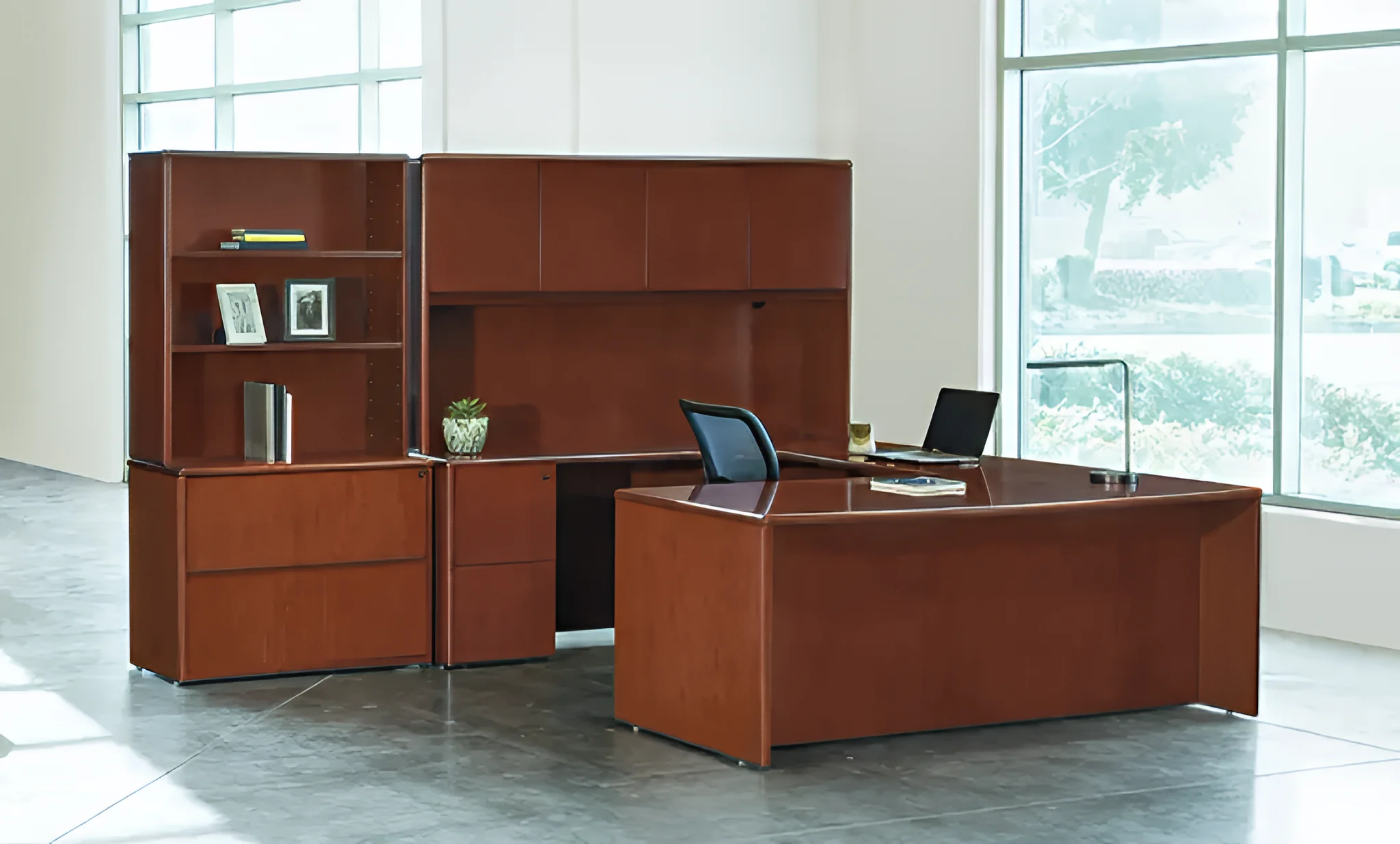 Bow-Front U-Desk 108in W x 107in D with Hutch and 2 and 3 Drawer Pedestals by WFB Designs