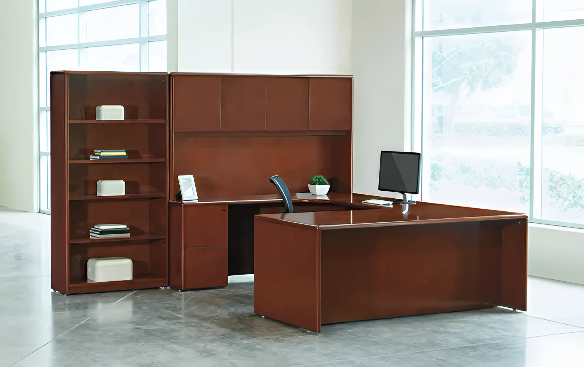 Wood Veneer U-Desk 108in W x 108in D with 2 and 3 Drawer Pedestals and Hutch by WFB Designs