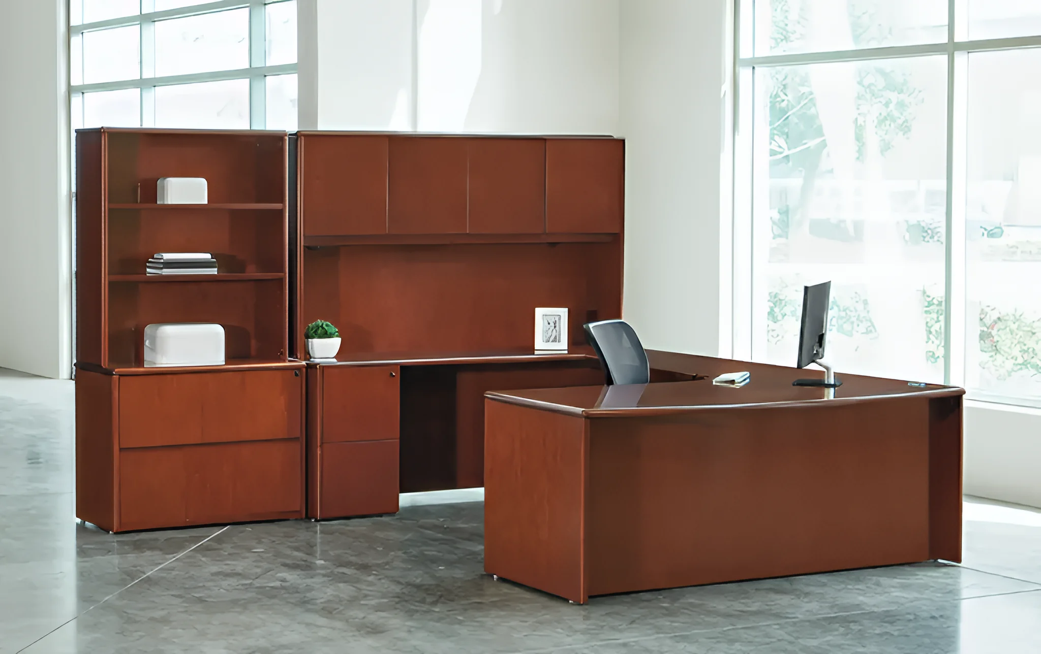 Extended Bow Front Curve Corner U-Desk with Hutch and Lateral/Display Combo by WFB Designs in Dark Cherry