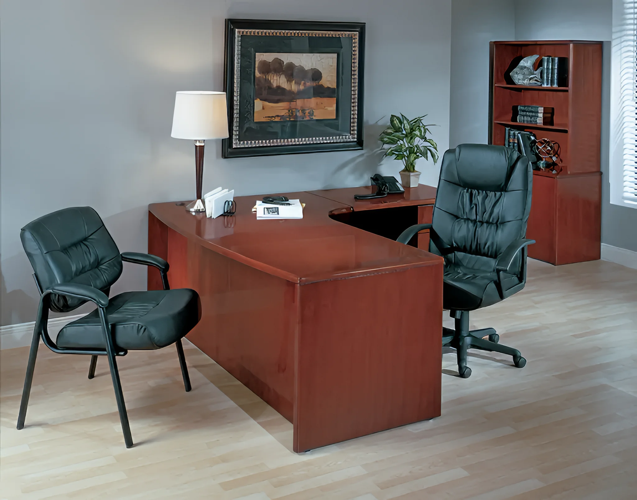 Bow-Front L-Desk Wood Veneer 72in W x 84in D with 2 and 3 Drawer Pedestals by WFB Designs