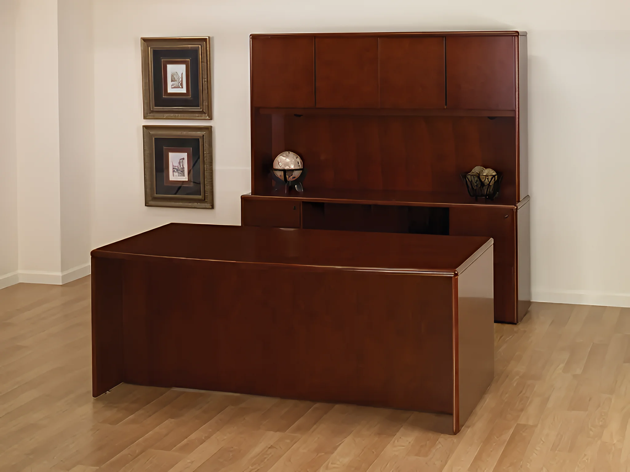 Bow-Front Wood Veneer 3 Piece Office Suite with Pedestals and Hutch by WFB Designs