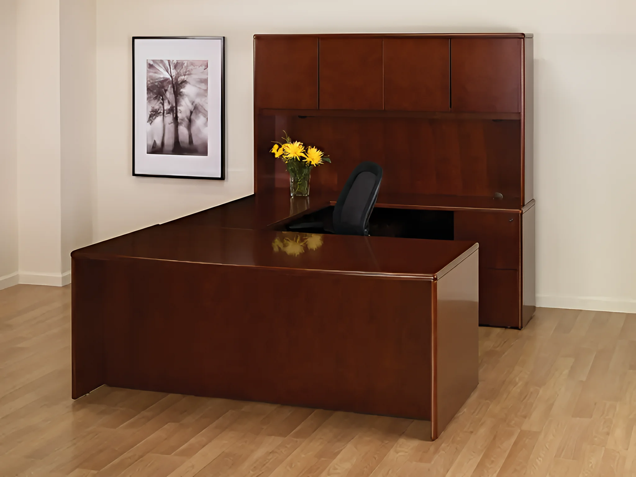 Bow-Front Wood Veneer U-Desk 72in W x 107in D with Hutch and 2 and 3 Drawer Pedestals by WFB Designs