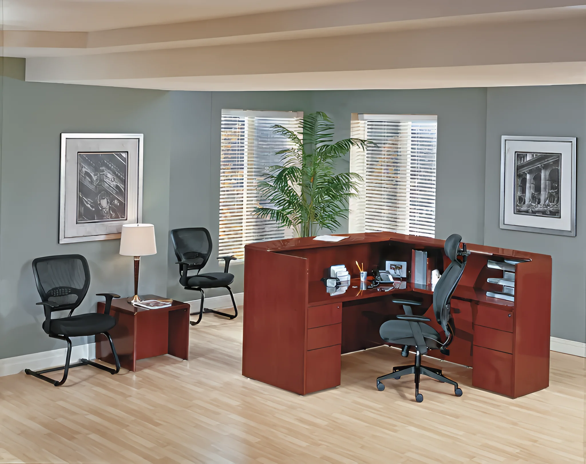 L-Shaped Reception Desk 72in W x 72in D with 2 and 3 Drawer Pedestals and Hutch by WFB Designs