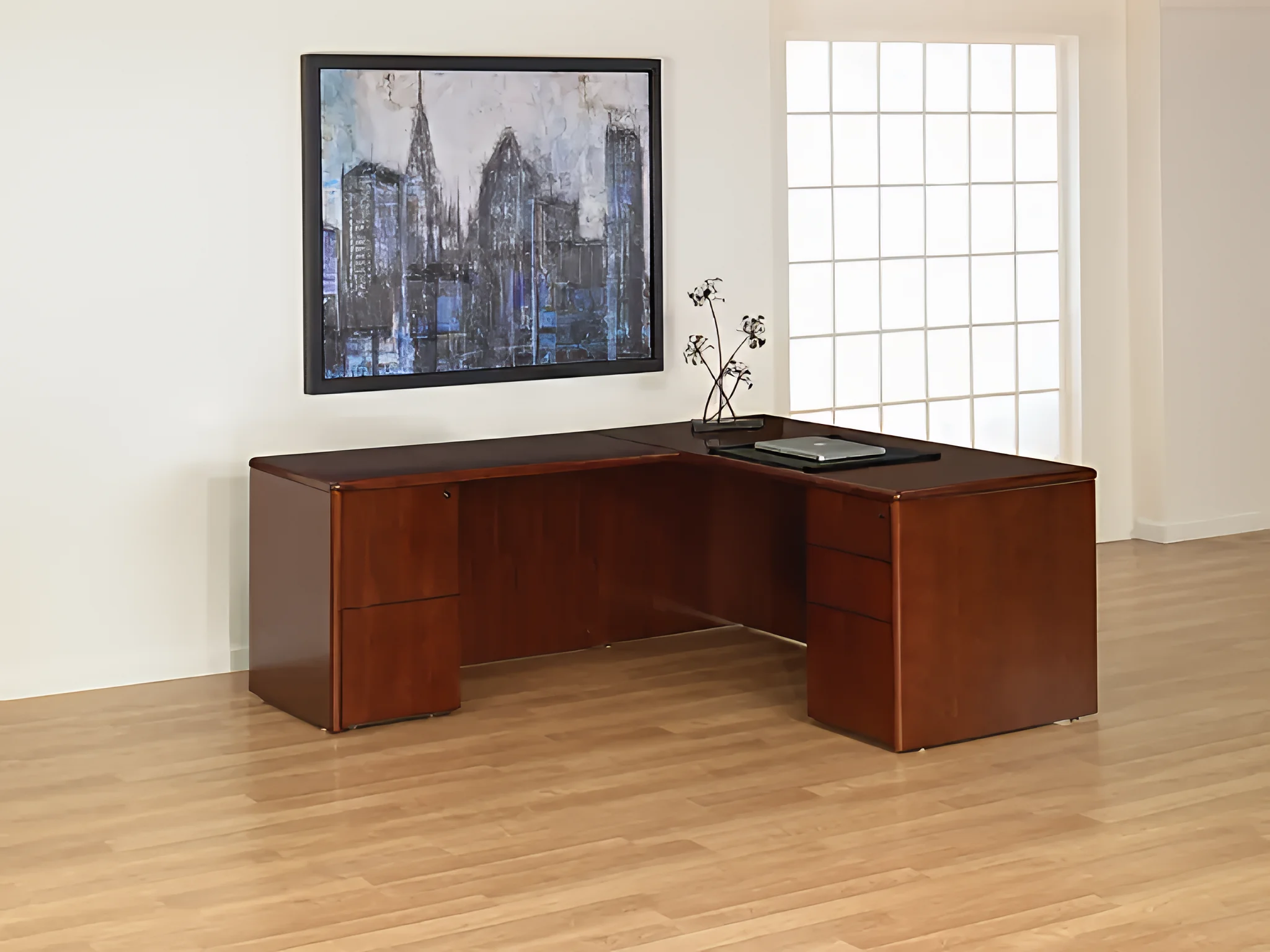 L-Desk Wood Veneer 66in W x 78in D with 2 and 3 Drawer Pedestals by WFB Designs
