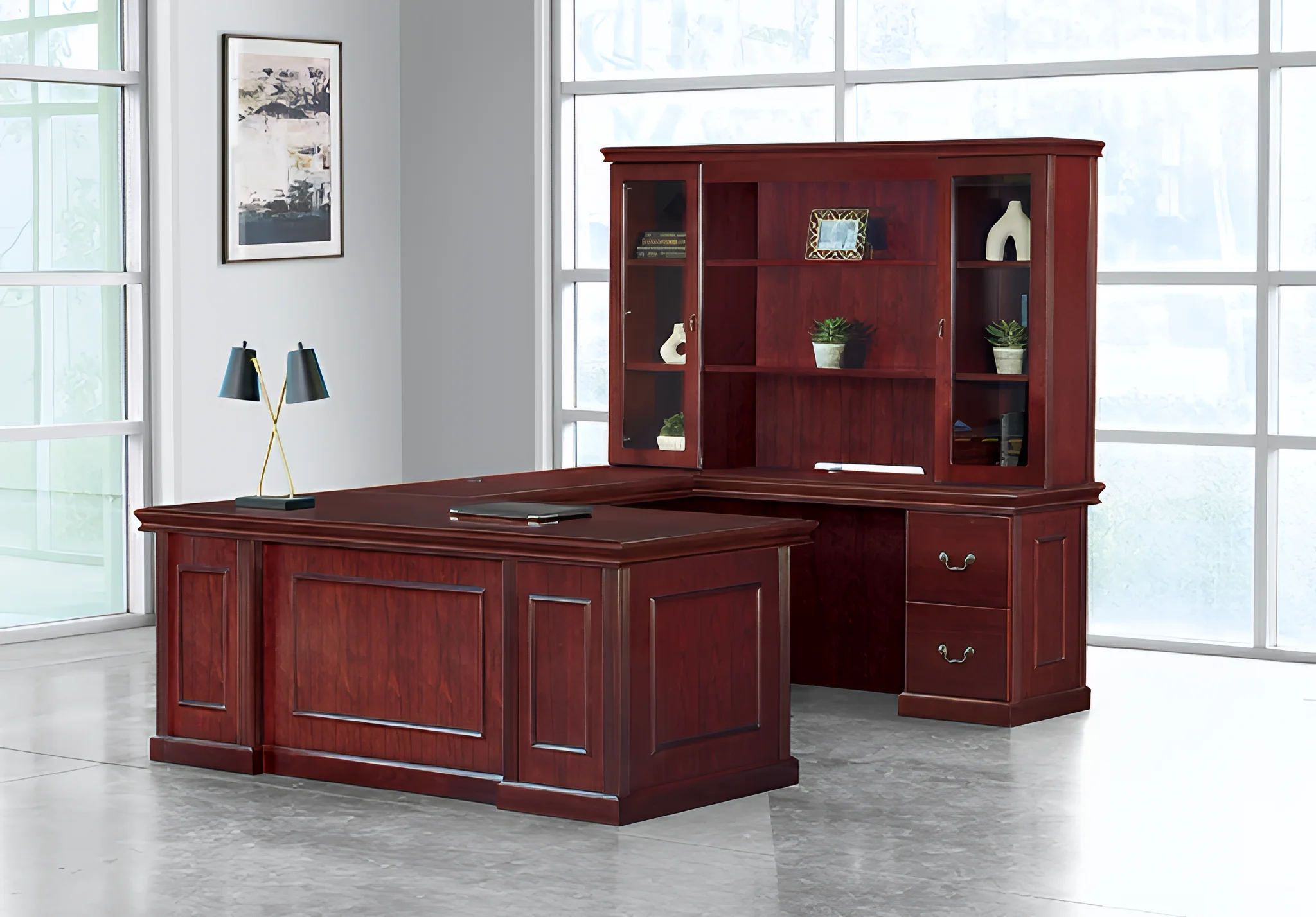 Wood Veneer U-Desk 72in W x 108in D with Hutch and 3 and 2 Drawer Pedestals by WFB Designs