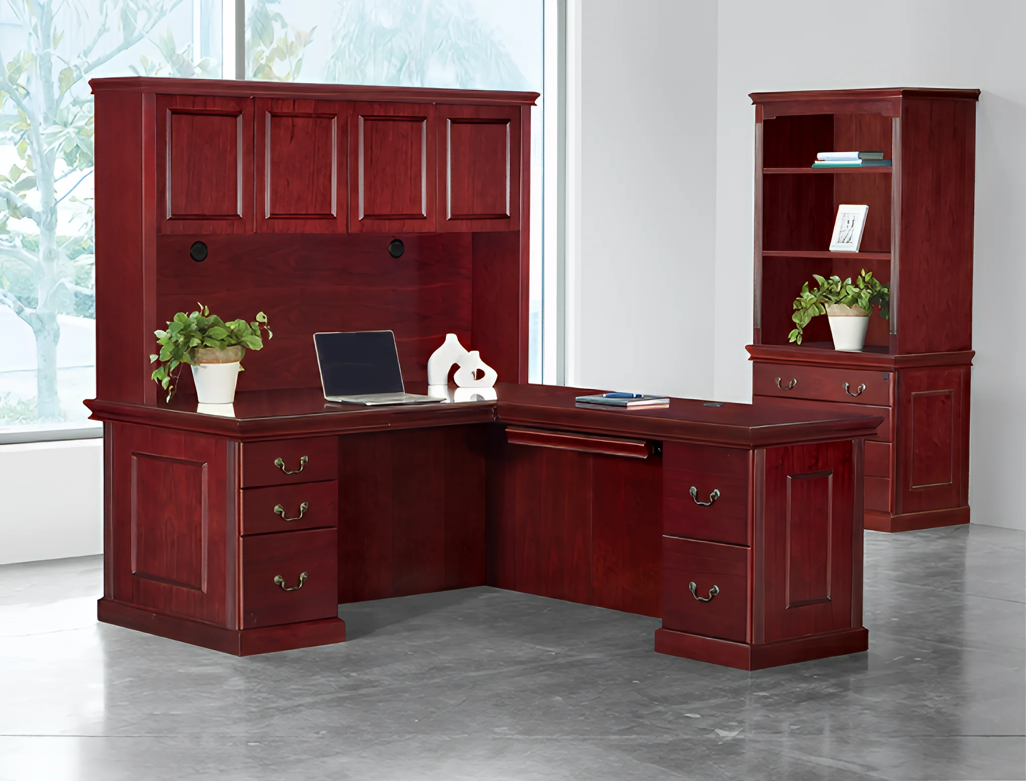 L-Desk 72in W x 84in D with Hutch and 3 and 2 Drawer Pedestals Wood Doors by WFB Designs