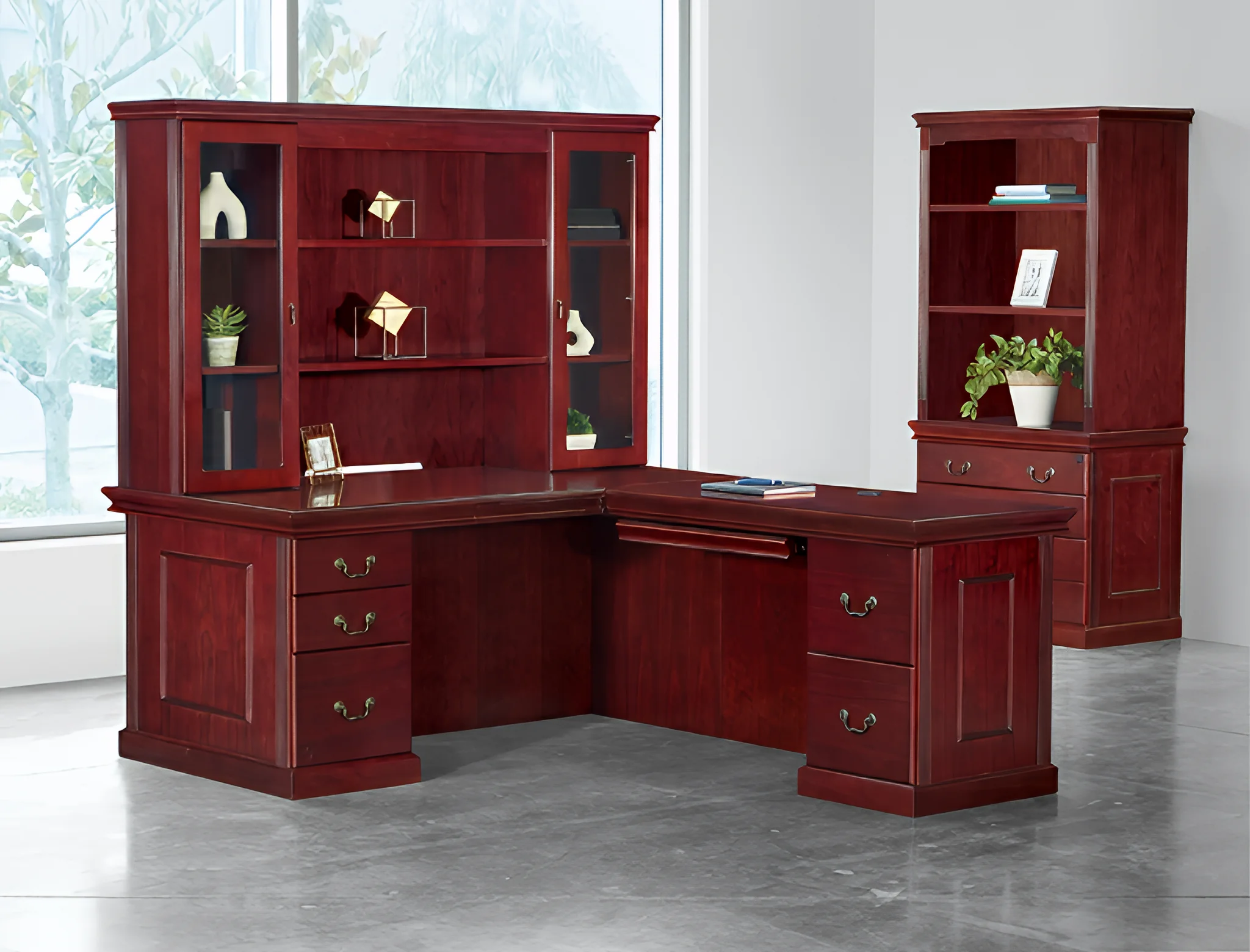 L-Desk 72in W x 84in D with Glass Door Hutch and 3 and 2 Drawer Pedestals by WFB Designs
