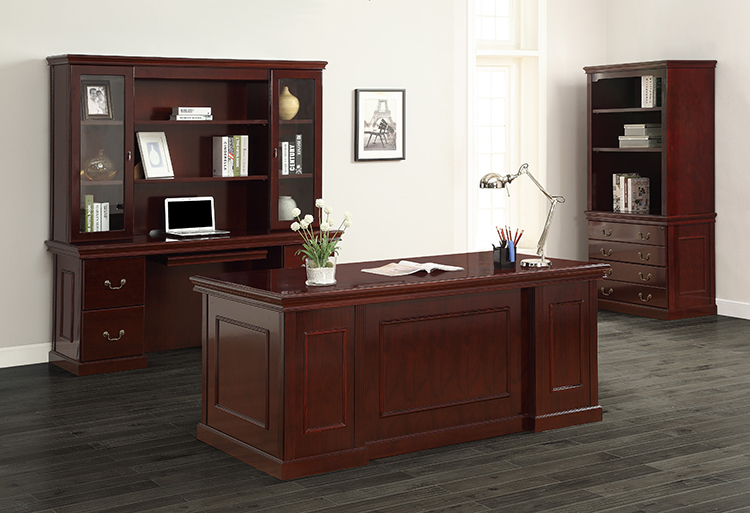 Executive Wood Veneer Office Suite Double Ped Desk, Credenza and Hutch by WFB Designs