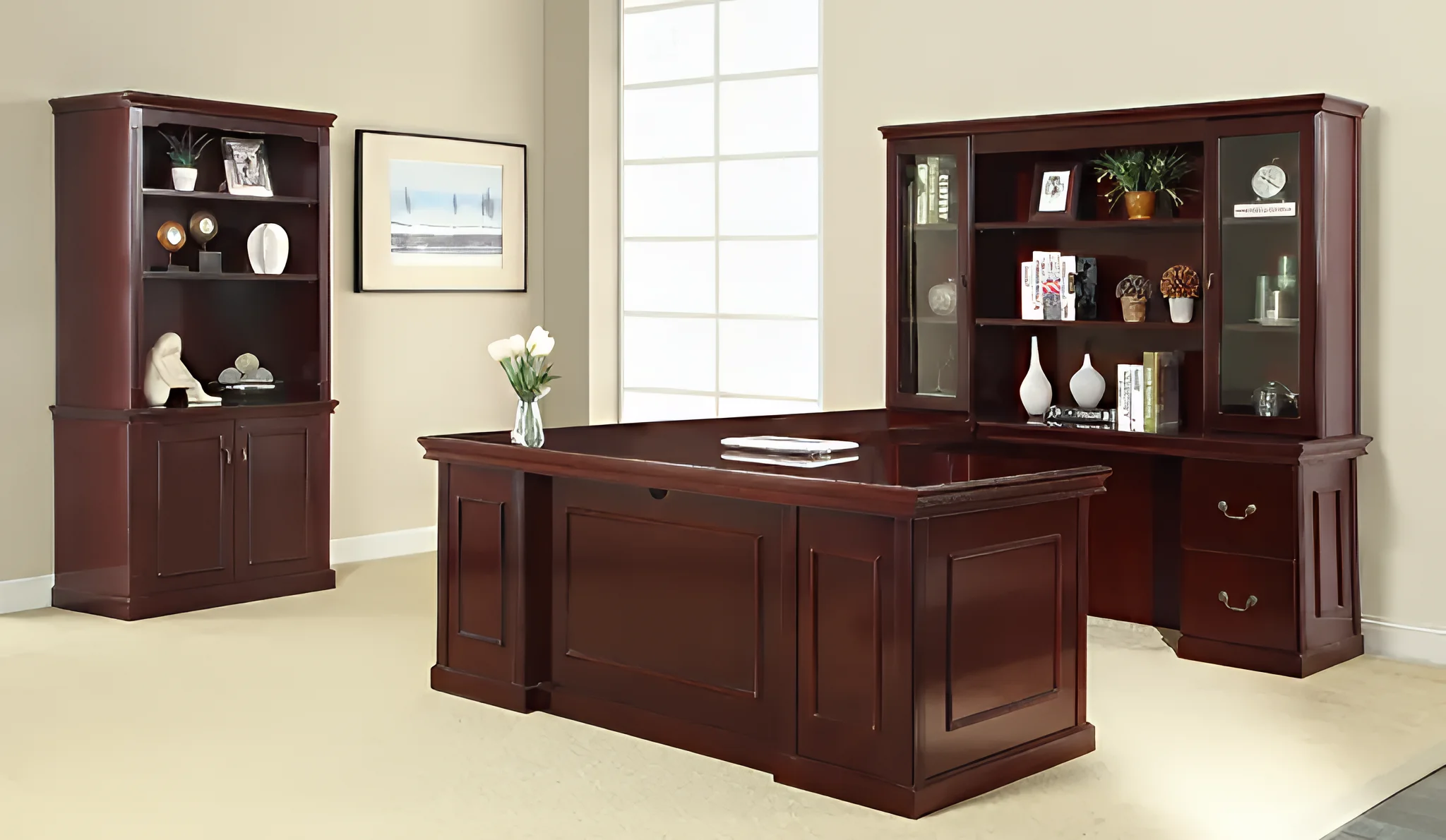 Wood Veneer U-Desk 72in W x 108in D with Hutch and 3 and 2 Drawer Pedestals by WFB Designs