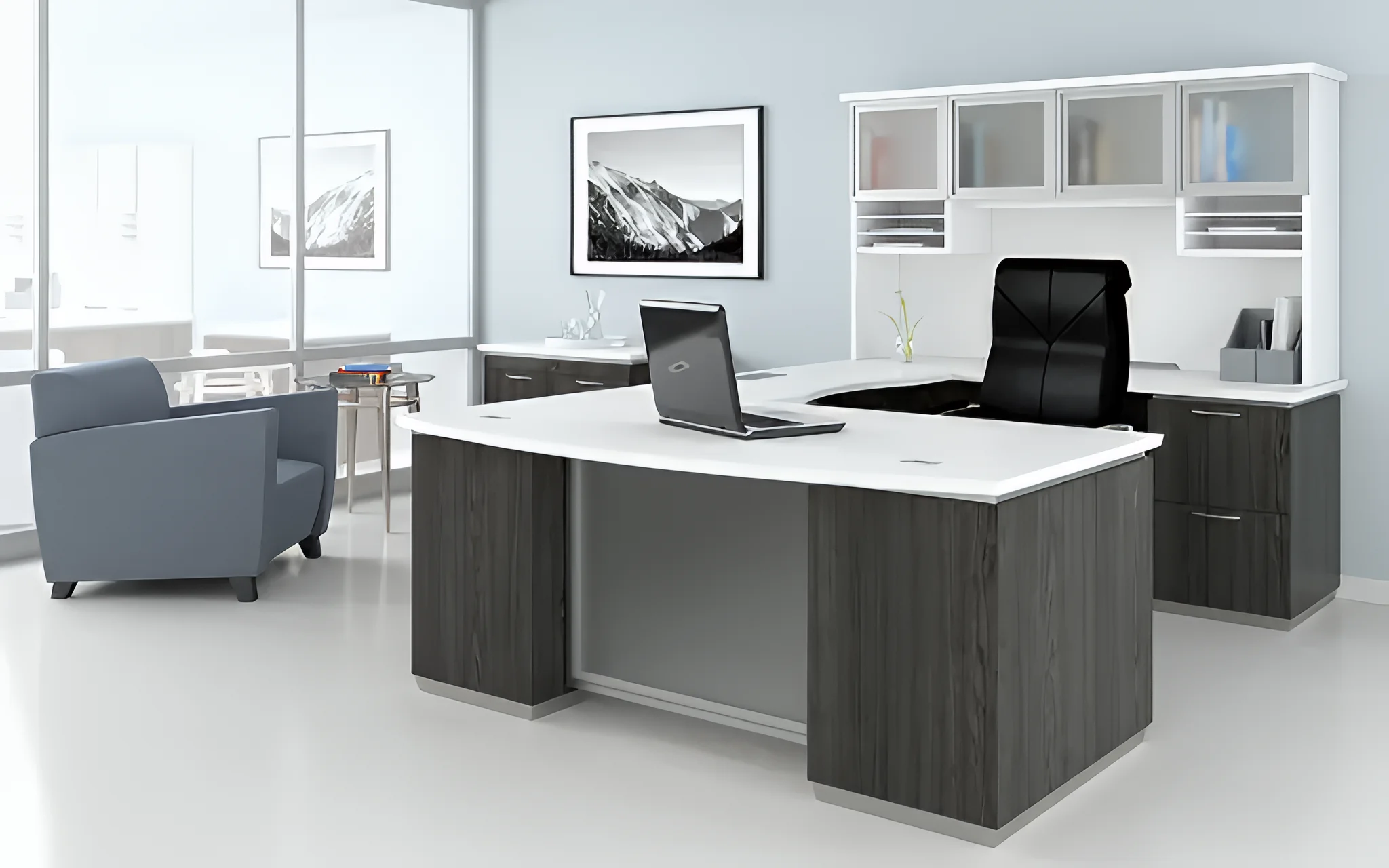 U-Shaped Desk Bow Front with Glass Door Hutch by Office Star