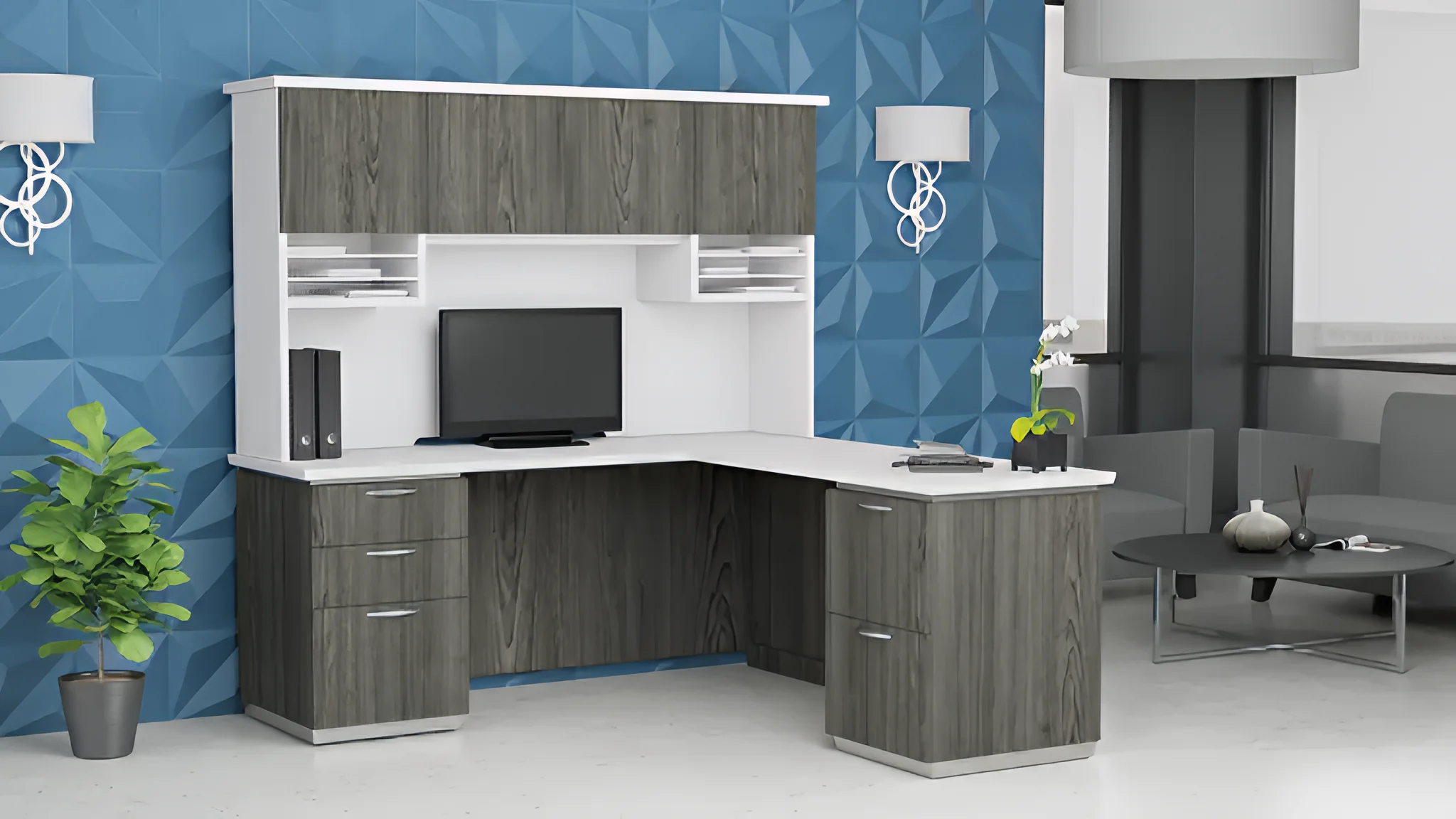 Credenza 72in W x 72in D with 2 and 3 Drawer Pedestals and Hutch by WFB Designs