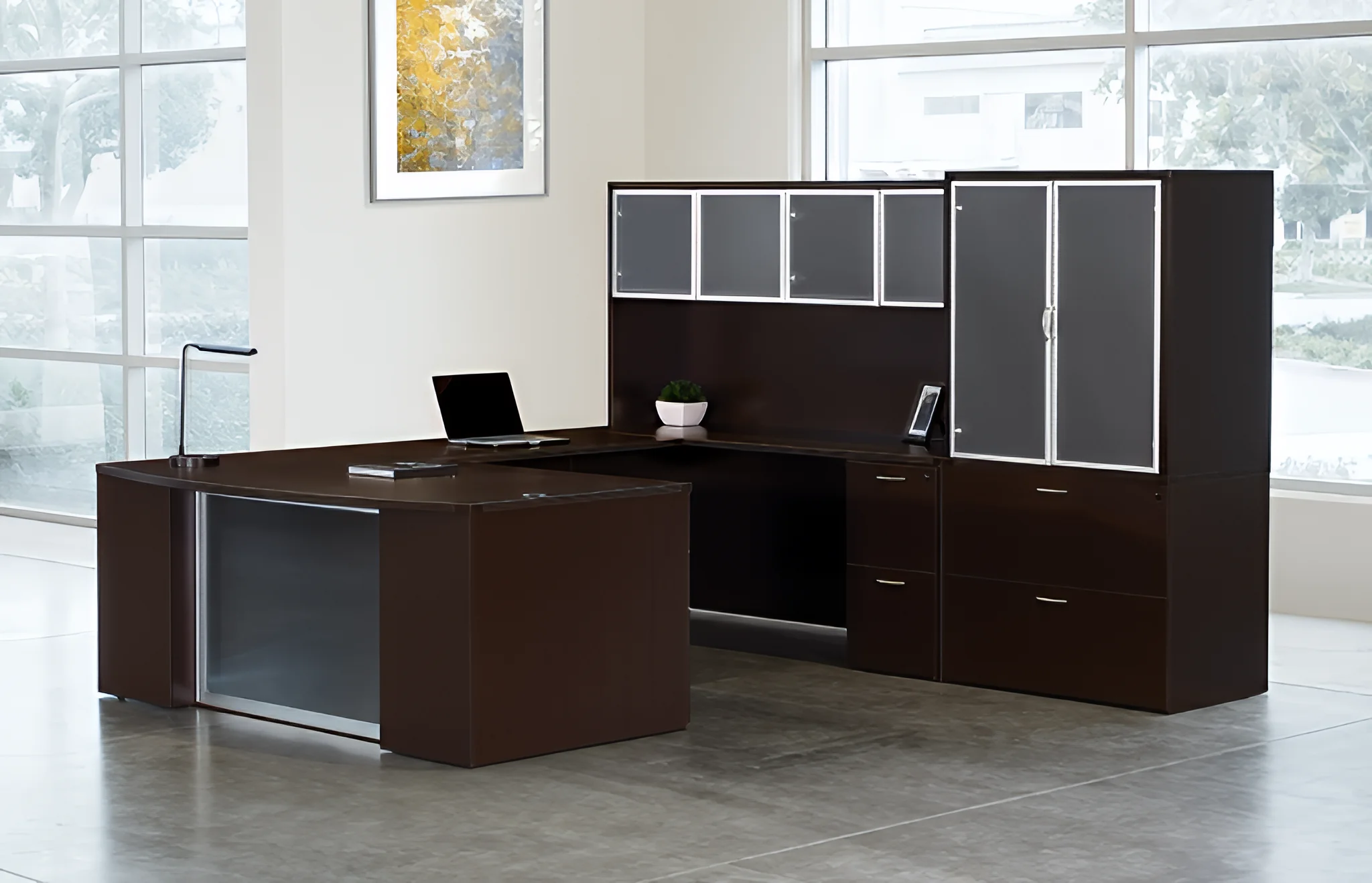 Bow-Front U-Desk Glass 107in W x 112in D with Hutch and 2 and 3 Drawer Pedestals by WFB Designs