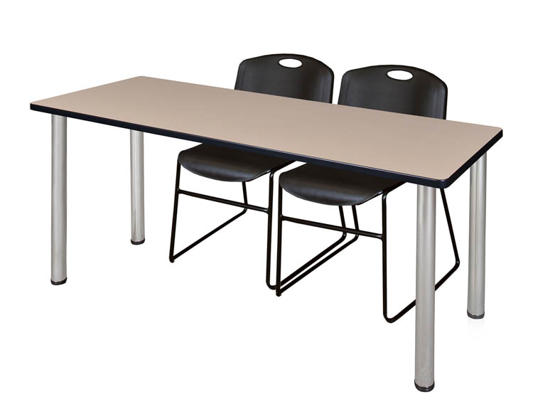 60" x 24" Training Table- Beige/ Chrome & 2 Zeng Stack Chairs by Regency Furniture