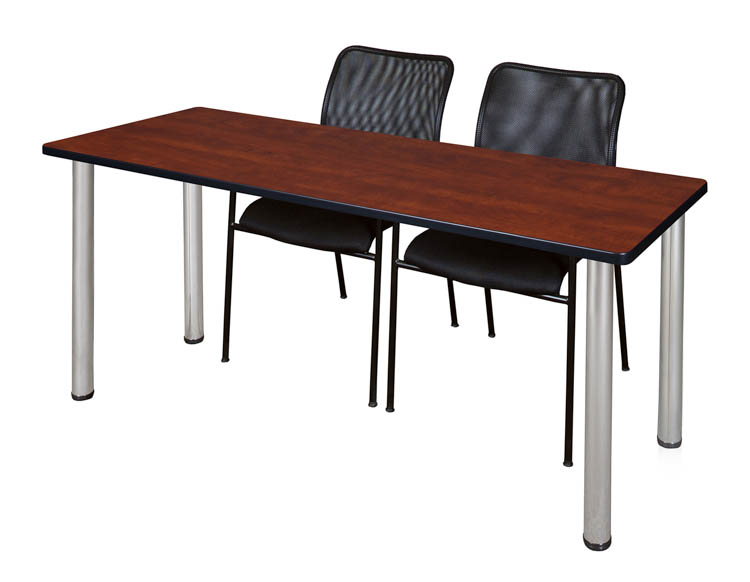 60" x 24" Training Table- Cherry/ Chrome & 2 Mario Stack Chairs- Black by Regency Furniture