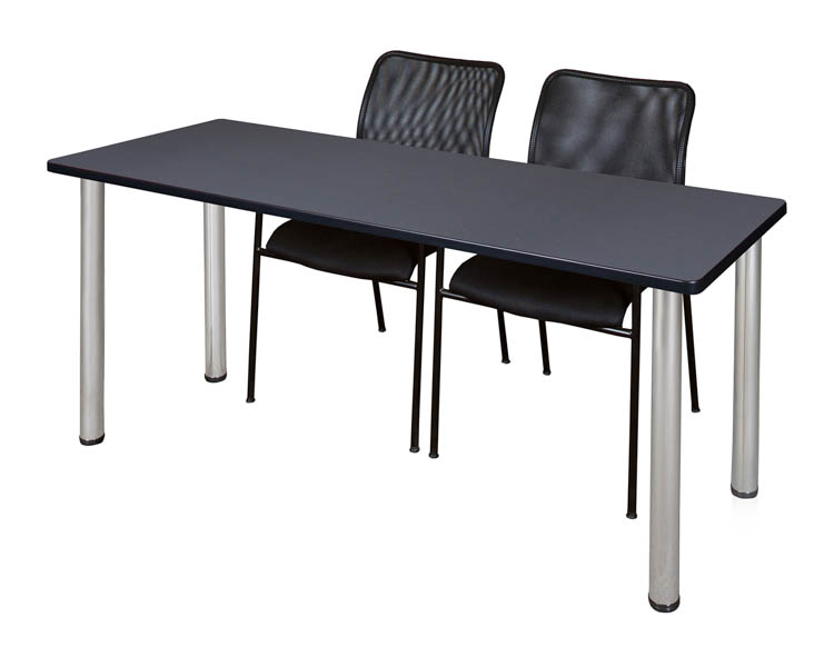 60" x 24" Training Table- Gray/ Chrome & 2 Mario Stack Chairs- Black by Regency Furniture