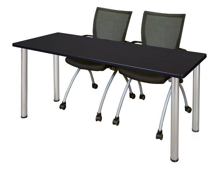 60" x 24" Training Table- Mocha Walnut/ Chrome & 2 Apprentice Chairs- Black by Regency Furniture