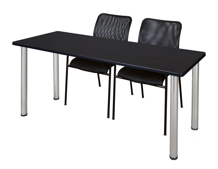 60" x 24" Training Table- Mocha Walnut/ Chrome & 2 Mario Stack Chairs- Black by Regency Furniture