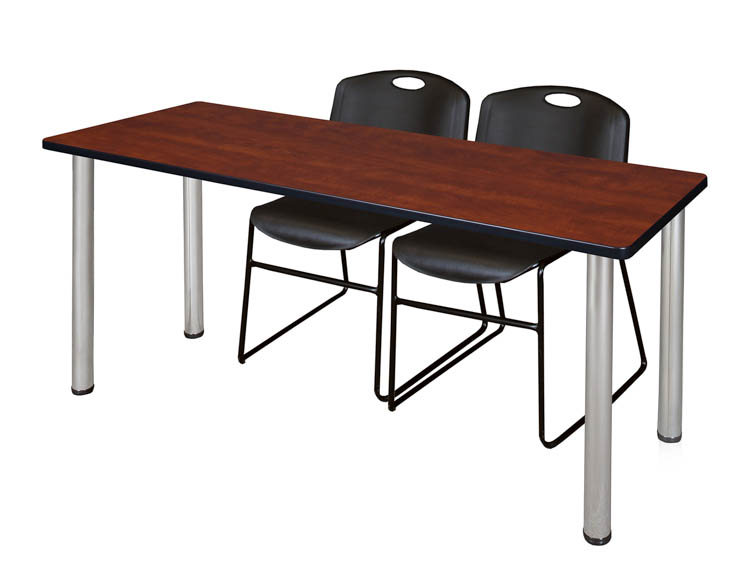 66" x 24" Training Table- Cherry/ Chrome & 2 Zeng Stack Chairs by Regency Furniture