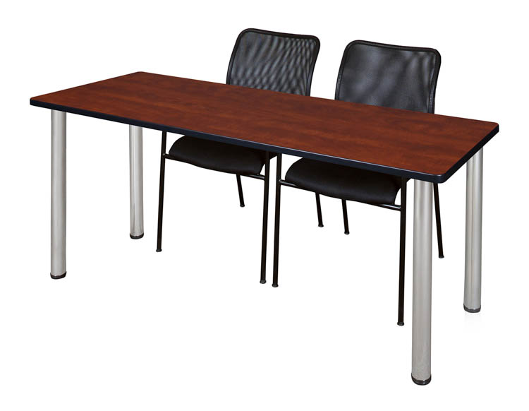 66" x 24" Training Table- Cherry/ Chrome & 2 Mario Stack Chairs- Black by Regency Furniture