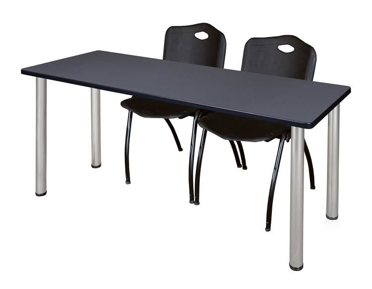 66" x 24" Training Table- Gray/ Chrome & 2 'M' Stack Chairs by Regency Furniture