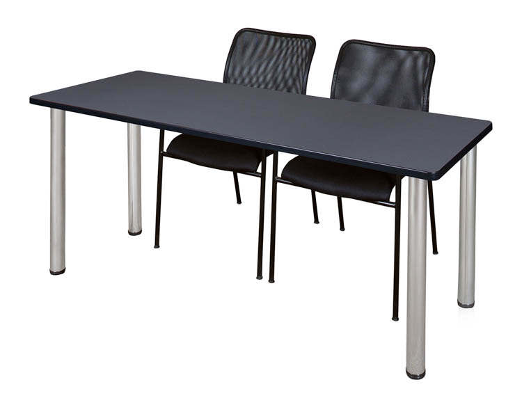 66" x 24" Training Table- Gray/ Chrome & 2 Mario Stack Chairs- Black by Regency Furniture