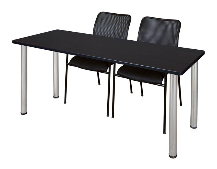 66" x 24" Training Table- Mocha Walnut/ Chrome & 2 Mario Stack Chairs- Black by Regency Furniture