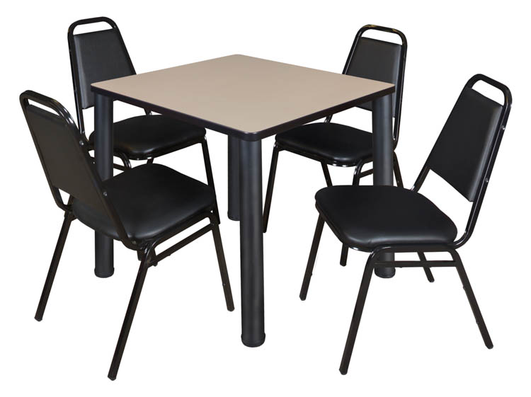 30" Square Breakroom Table- Beige/ Black & 4 Restaurant Stack Chairs- Black by Regency Furniture