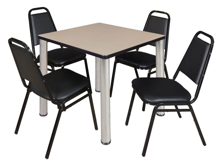 30" Square Breakroom Table- Beige/ Chrome & 4 Restaurant Stack Chairs- Black by Regency Furniture