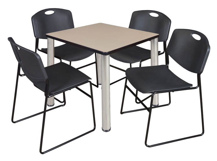 30" Square Breakroom Table- Beige/ Chrome & 4 Zeng Stack Chairs by Regency Furniture