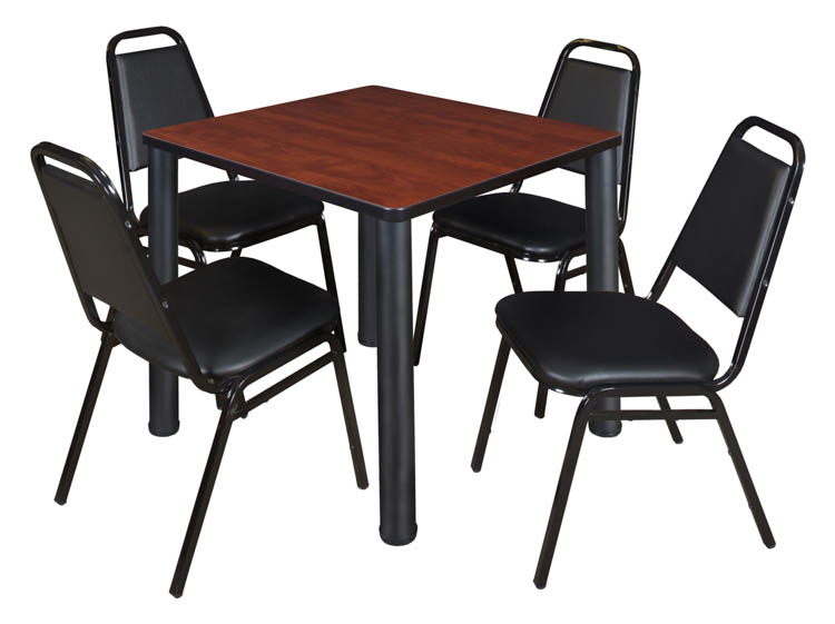 30" Square Breakroom Table- Cherry/ Black & 4 Restaurant Stack Chairs- Black by Regency Furniture